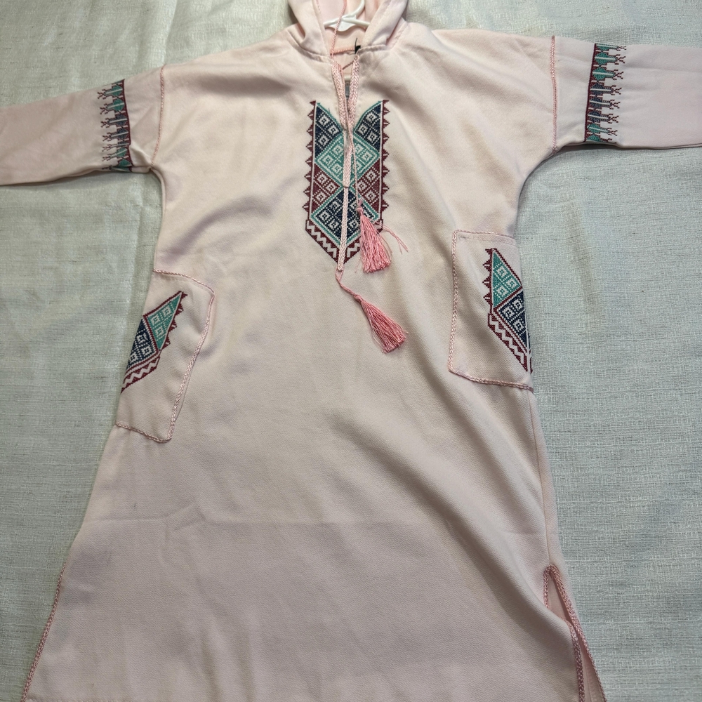 Girls Hooded Embroidered Tunic Kaftan Style Top Light Pink Tassel Boho